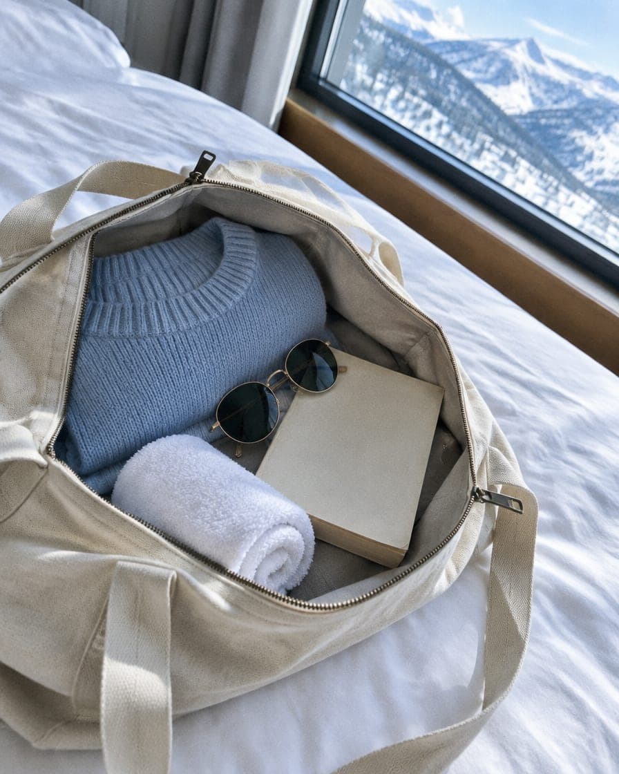 A packed weekend bag on a bed beside a window with a mountain view
