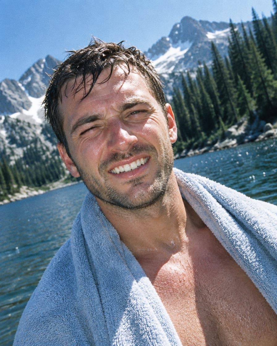 A man with a towel over his shoulders smiling by a mountain lake